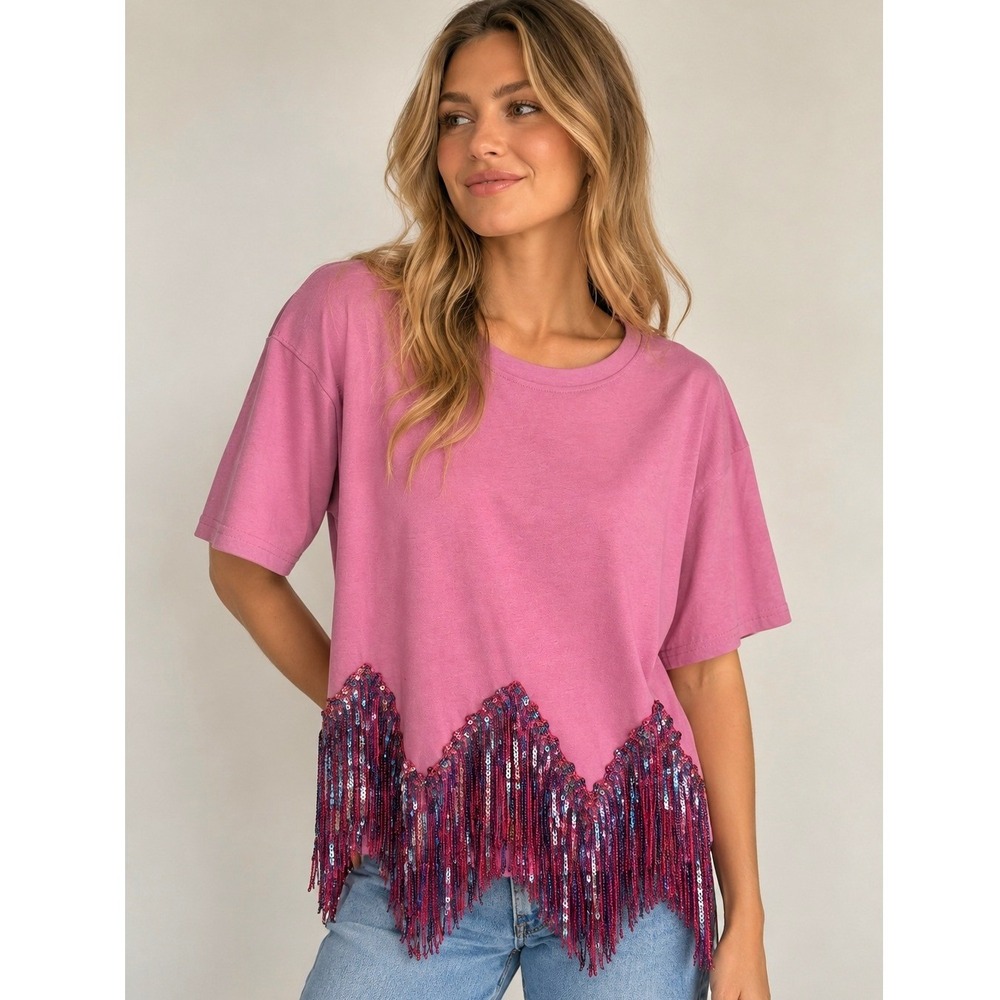 Fantastic Fawn Sequin Fringe Top L Pink Cotton Festival Concert Western Eras